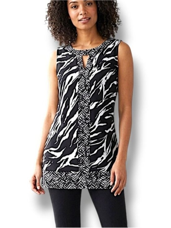 Dana Buchman Tops - Zebra Animal Print Top Sleeveless Kehole Tunic Tank Blouse Black White Large